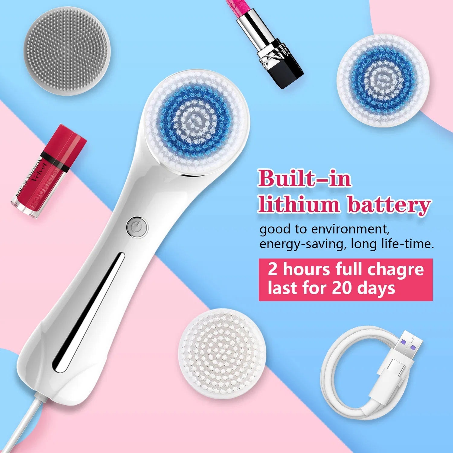 Waterproof 3 In 1 For Massaging, Deep Cleansing Rechargeable With 4 Brush Head Replacements