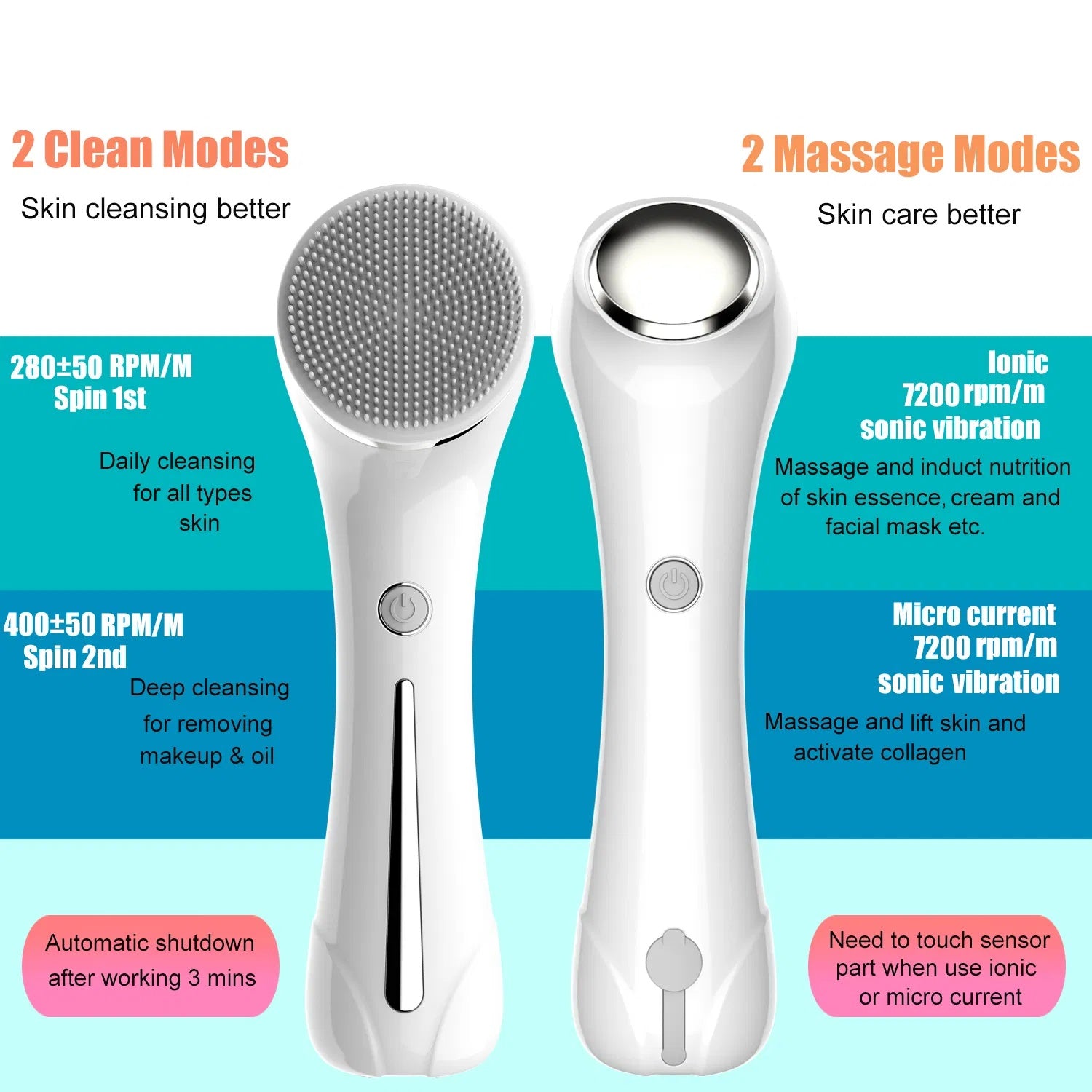 Waterproof 3 In 1 For Massaging, Deep Cleansing Rechargeable With 4 Brush Head Replacements