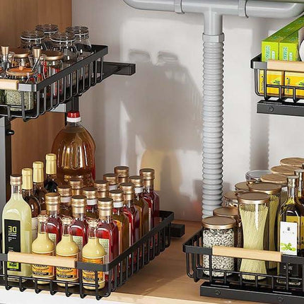 Metal Adjustable Height Two-Tier Under Sink Storage Rack with Drawers for Kitchen & Bathroom