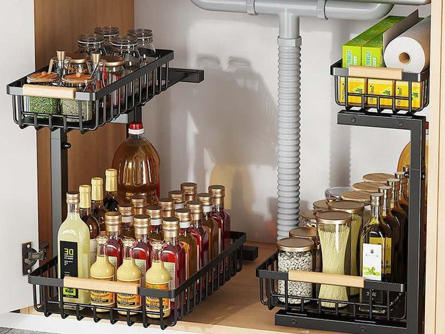 Metal Adjustable Height Two-Tier Under Sink Storage Rack with Drawers for Kitchen & Bathroom