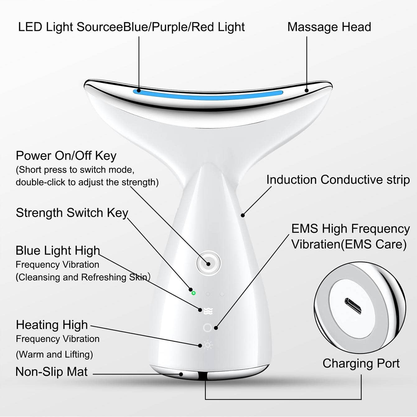 Face And Neck Tightening Device, Firm And Tightens Sagging Skin Face Neck Massager, Beauty Facial Massager For Women And Men - White