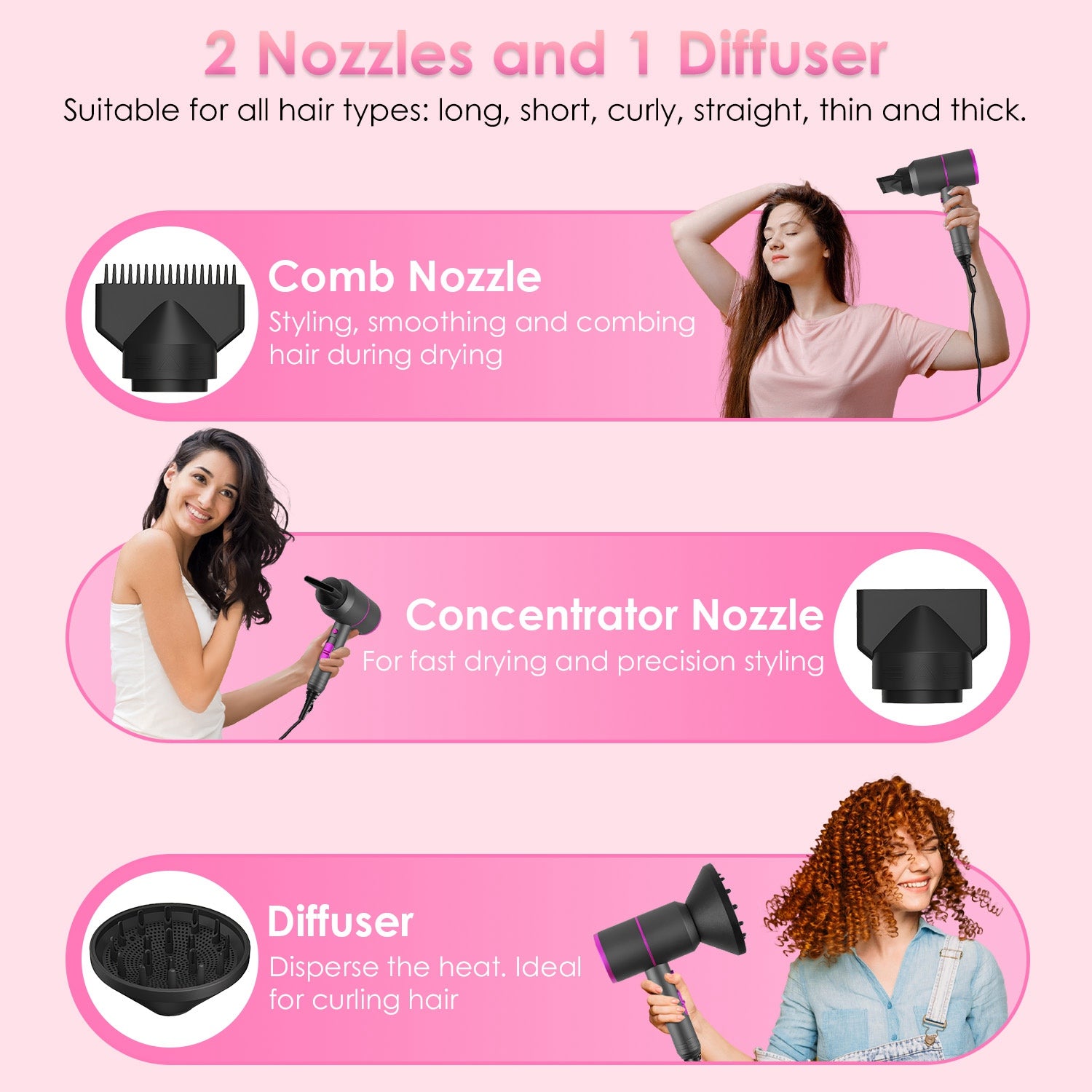 1Pc 1800W Hair Dryer Portable Compact Hair Blow Dryer With Cool Warm Hot Wind With Diffuser Concentrator Comb Nozzle ALCI Plug Overheat Protection For Women Man Straight Curly Hair