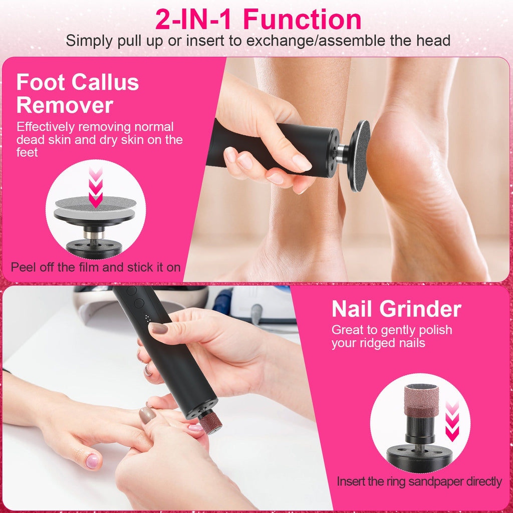 1Set Electric Foot Callus Remover 2 In 1 Rechargeable Foot File Nail Grinder Dead Skin Pedicure Tool Machine With 2 Grinding Heads Total 30Pcs Replaceable Sandpapers For Men Women