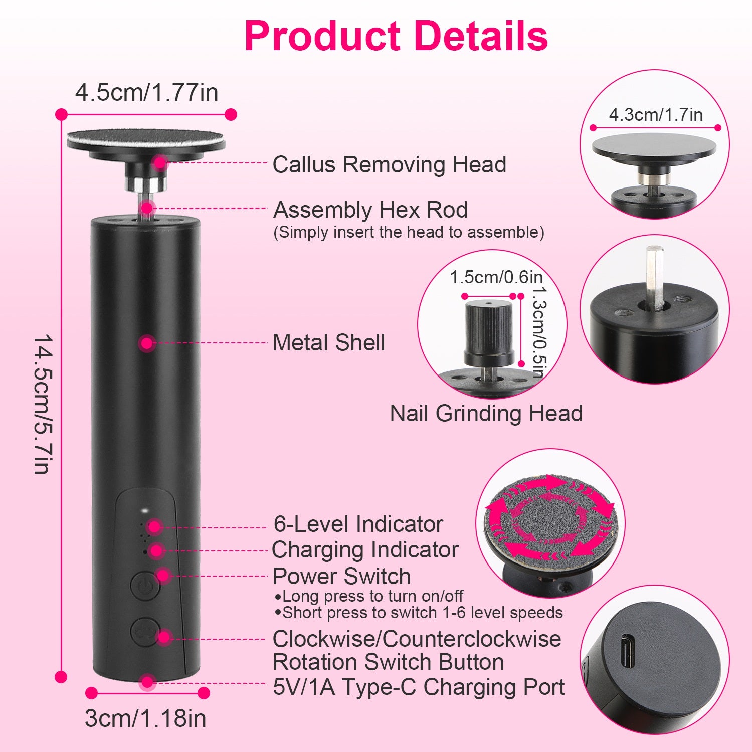 1Set Electric Foot Callus Remover 2 In 1 Rechargeable Foot File Nail Grinder Dead Skin Pedicure Tool Machine With 2 Grinding Heads Total 30Pcs Replaceable Sandpapers For Men Women