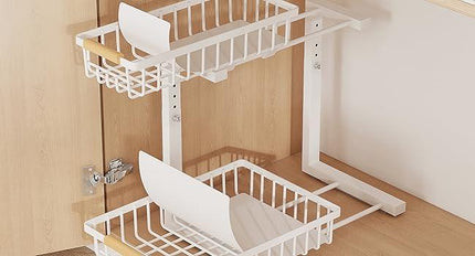 Metal Adjustable Height Two-Tier Under Sink Storage Rack with Drawers for Kitchen & Bathroom