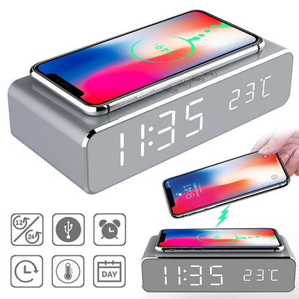 LED Digital Alarm Clock with Wireless Charger, Thermometer & HD Mirror Display