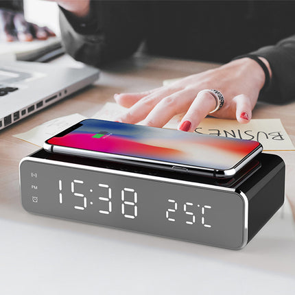 LED Digital Alarm Clock with Wireless Charger, Thermometer & HD Mirror Display