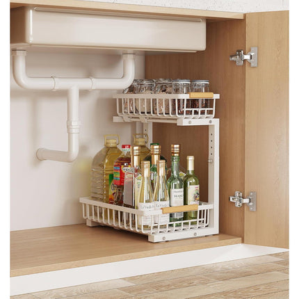 Metal Adjustable Height Two-Tier Under Sink Storage Rack with Drawers for Kitchen & Bathroom