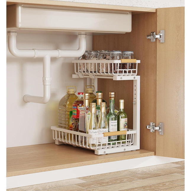 Metal Adjustable Height Two-Tier Under Sink Storage Rack with Drawers for Kitchen & Bathroom