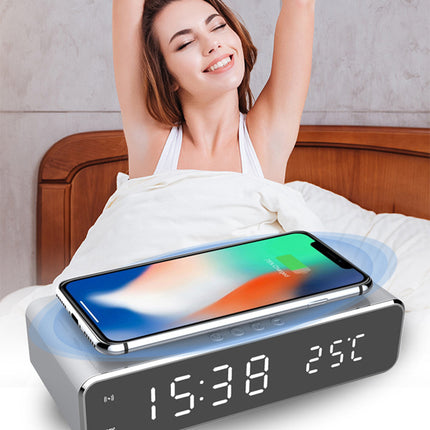 LED Digital Alarm Clock with Wireless Charger, Thermometer & HD Mirror Display