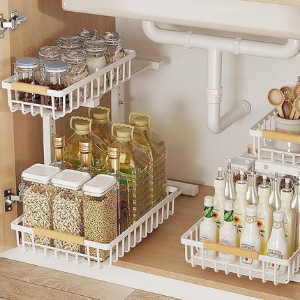 Metal Adjustable Height Two-Tier Under Sink Storage Rack with Drawers for Kitchen & Bathroom
