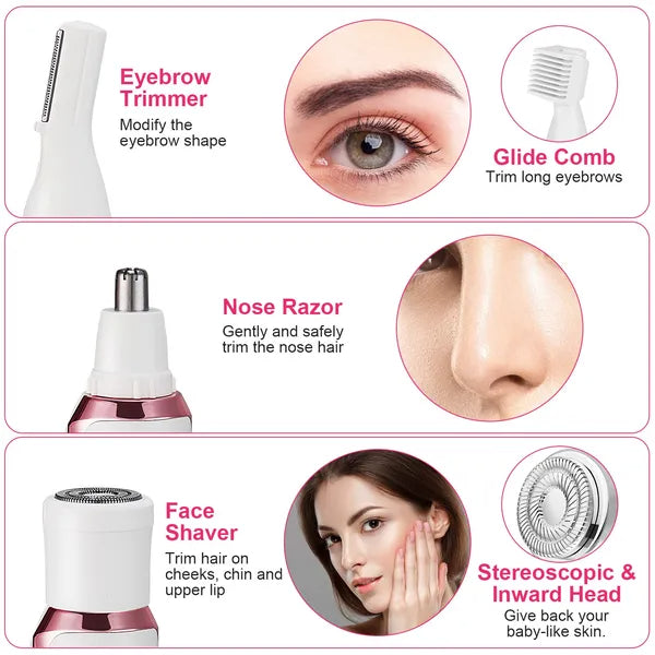 4 In 1 Electric Razor For Women Painless Grooming Kit Rechargeable Eyebrow Nose Hair Pubic Hair Bikini Trimmer Face Shaver