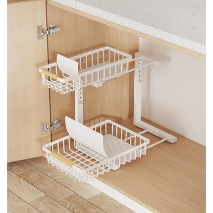 Metal Adjustable Height Two-Tier Under Sink Storage Rack with Drawers for Kitchen & Bathroom